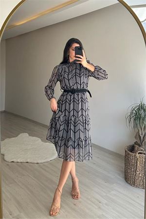 Neşeli butik kadın yaka lastikli küçük puantiyeli midi şifon elbise NM022