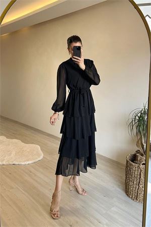 Neşeli butik kadın kat kat volanlı kuşaklı midi şifon elbise NM004