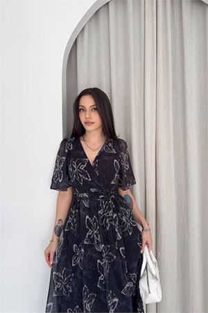 Neşeli butik kadın siyah kruvaze yaka desenli midi boy şifon elbise NBK4587