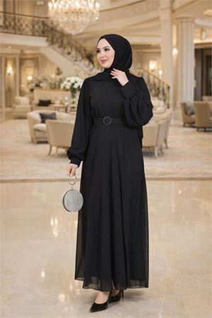 Neşeli butik kadın siyah tül kumaş kemer detaylı büyük beden tesettür elbise NBFT006
