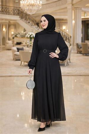 Neşeli butik kadın siyah tül kumaş kemer detaylı büyük beden tesettür elbise NBFT006