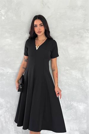 Neşeli butik kadın esnek V-yaka midi boy astarsız elbise NBK4179