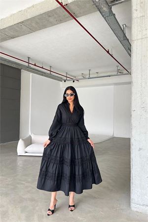 Neşeli butik kadın ithal poplin dantel detaylı tasarım elbise NBMS4255