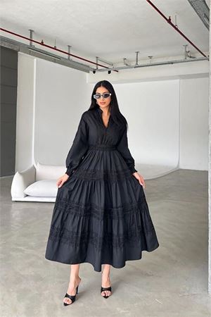 Neşeli butik kadın ithal poplin dantel detaylı tasarım elbise NBMS4255