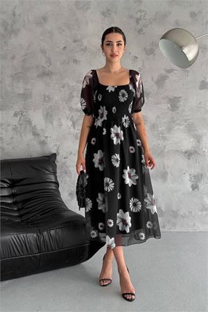 Neşeli butik kadın gipeli madonna yaka astarlı şifon elbise NBQ007