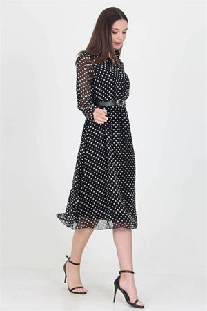 Neşeli butik kadın kemerli gömlek yaka düğmeli şifon elbise RSSN17