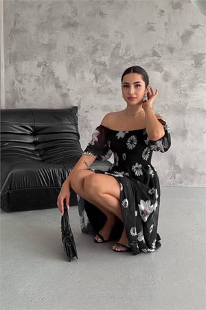 Neşeli butik kadın gipeli madonna yaka astarlı şifon elbise NBQ007
