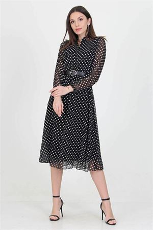 Neşeli butik kadın kemerli gömlek yaka düğmeli şifon elbise RSSN17