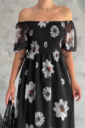Neşeli butik kadın gipeli madonna yaka astarlı şifon elbise NBQ007