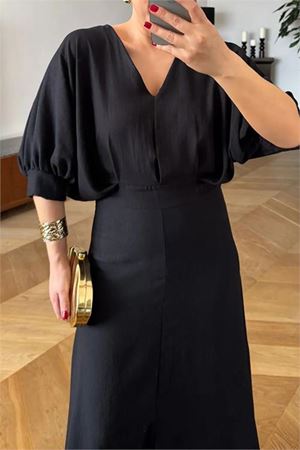 Neşeli Butik Siyah V-yaka likralı yazlık elbise NBMY3579