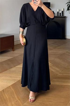 Neşeli Butik Siyah V-yaka likralı yazlık elbise NBMY3579