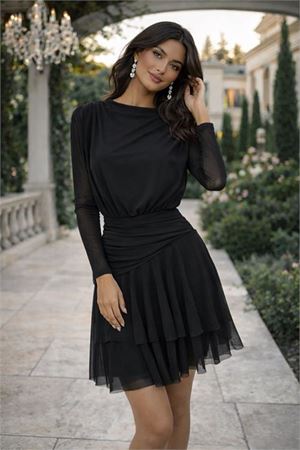 Neşeli butik kadın siyah şifon kumaş korsajlı mini boy uzun kol omuz vatkalı elbise NBK073