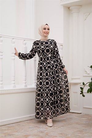 Neşeli butik kadın kemerli yeni sezon tesettür elbise SMS016