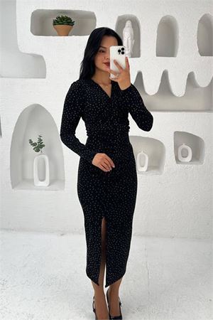 Neşeli butik kadın kruvaze yaka yırtmaçlı midi boy elbise NBMY3837