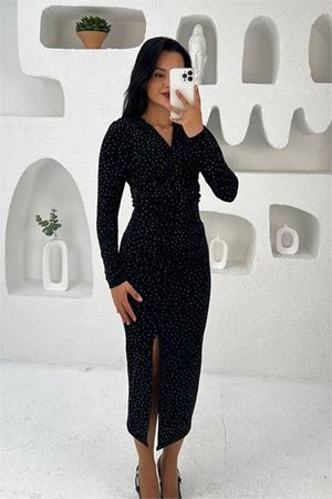 Neşeli butik kadın kruvaze yaka yırtmaçlı midi boy elbise NBMY3837