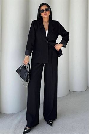 Neşeli butik kadın siyah oversize tek düğmeli blazer ceket pantolon takım NBSTR4085