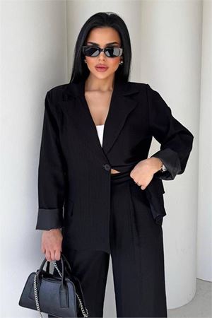 Neşeli butik kadın siyah oversize tek düğmeli blazer ceket pantolon takım NBSTR4085