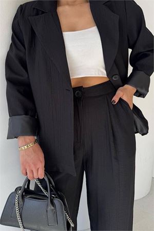 Neşeli butik kadın siyah oversize tek düğmeli blazer ceket pantolon takım NBSTR4085