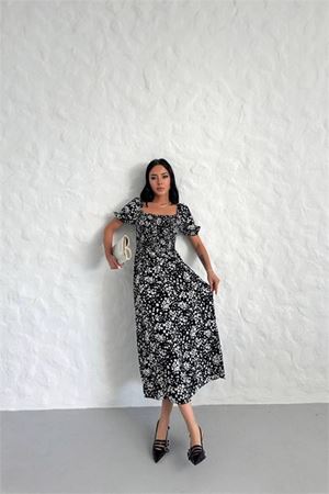 Neşeli butik kadın yazlık madonna yaka desenli viskon elbise NBG022