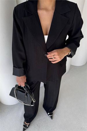 Neşeli butik kadın siyah oversize tek düğmeli blazer ceket pantolon takım NBSTR4085