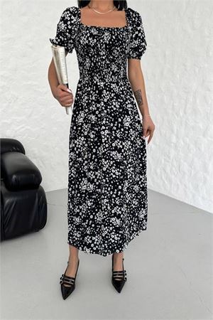 Neşeli butik kadın yazlık madonna yaka desenli viskon elbise NBG022