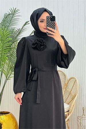 Neşeli butik kadın saten gül detaylı tesettür elbise NMS038