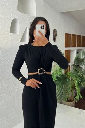 Neşeli butik kadın bel dekolteli toka detaylı uzun kollu elbise NBMY3655