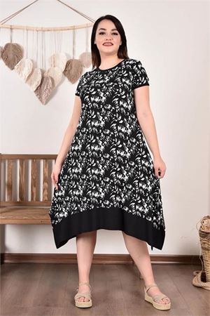 Neşeli butik kadın asimetrik büyük beden elbise AYSL50 - Siyah