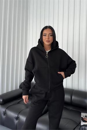 Neşeli butik kadın kapüşonlu 3 iplik alt üst eşofman takımı NDCB11636
