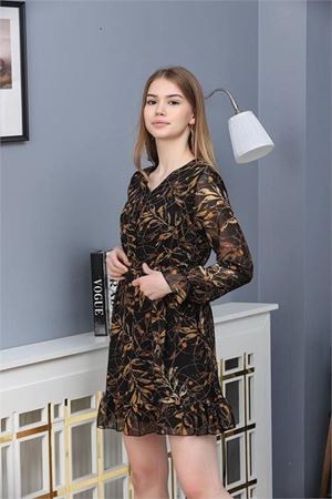 Neşeli butik kadın desenli düğme detaylı şifon elbise RSSN38 - Siyah