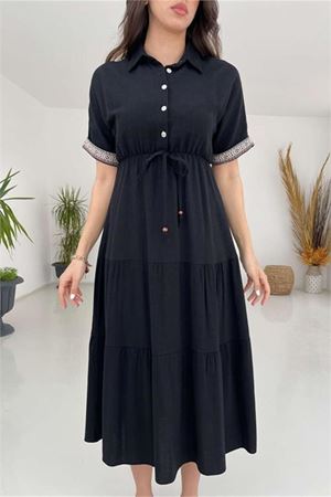 Neşeli butik kadın gömlek yaka kol detaylı keten elbise NBMY3080