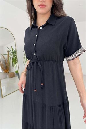 Neşeli butik kadın gömlek yaka kol detaylı keten elbise NBMY3080