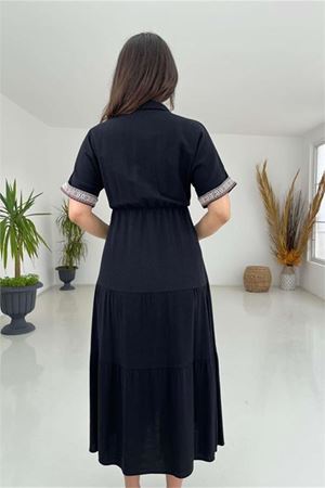 Neşeli butik kadın gömlek yaka kol detaylı keten elbise NBMY3080