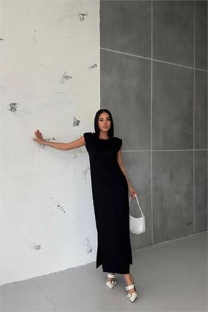 Neşeli butik kadın vatkalı yırtmaç detaylı modal elbise NBG010