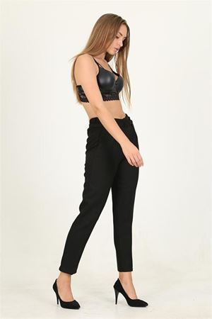 Neşeli butik kadın siyah kemerli beli lastikli yeni sezon kumaş pantolon QNS032