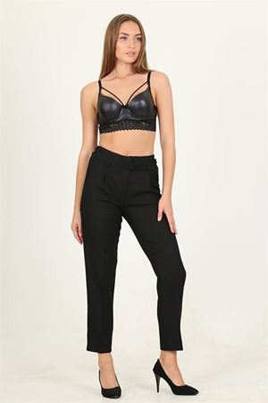 Neşeli butik kadın siyah kemerli beli lastikli yeni sezon kumaş pantolon QNS032