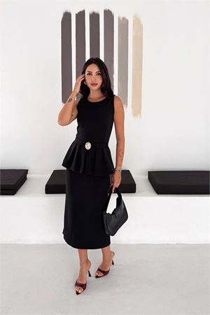 Neşeli butik kadın siyah kolsuz peplum kesim midi boy kemer tokalı elbise NBK4640