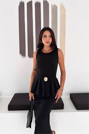 Neşeli butik kadın siyah kolsuz peplum kesim midi boy kemer tokalı elbise NBK4640