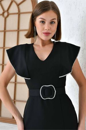 Neşeli butik kadın yırtmaçlı taş ve kemer detaylı abiye elbise NBSWLL15