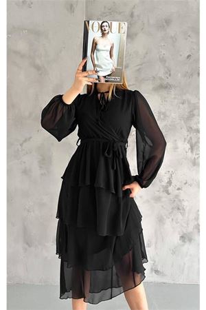Neşeli butik kadın astarlı eteği kat kat şifon elbise NBKKLF2041