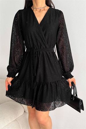 Neşeli butik kadın siyah kruvaze kuşaklı mini elbise NBK2026