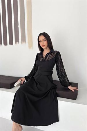 Neşeli butik kadın siyah gömlek yaka transparan üst detaylı kemerli midi boy elbise NBK4581