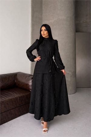 Neşeli butik kadın siyah keten kumaş çiçek aplikeli hakim yaka etekli takım NBMS2629