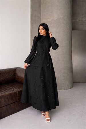 Neşeli butik kadın siyah keten kumaş çiçek aplikeli hakim yaka etekli takım NBMS2629
