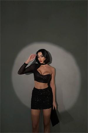 Neşeli butik kadın siyah mini ikili payet takım NBDF096
