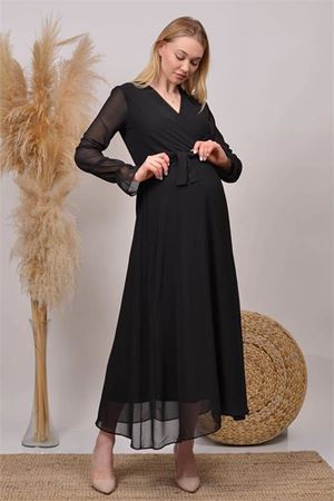 Neşeli butik kadın siyah kruvaze yaka baby shower şifon hamile elbise HML003