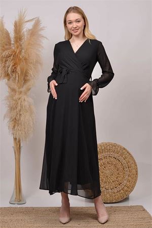 Neşeli butik kadın siyah kruvaze yaka baby shower şifon hamile elbise HML003