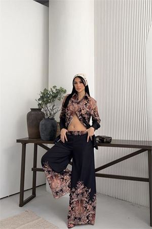 Neşeli butik kadın siyah desenli geniş kesim ikili tasarım takım NBMS2618