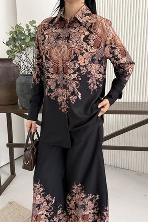 Neşeli butik kadın siyah desenli geniş kesim ikili tasarım takım NBMS2618