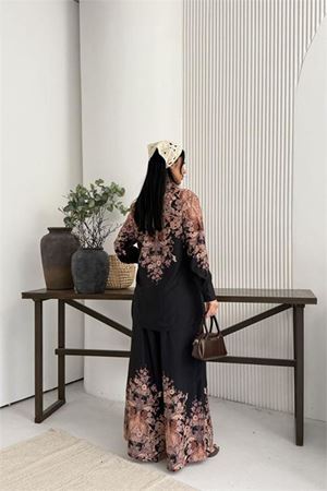 Neşeli butik kadın siyah desenli geniş kesim ikili tasarım takım NBMS2618